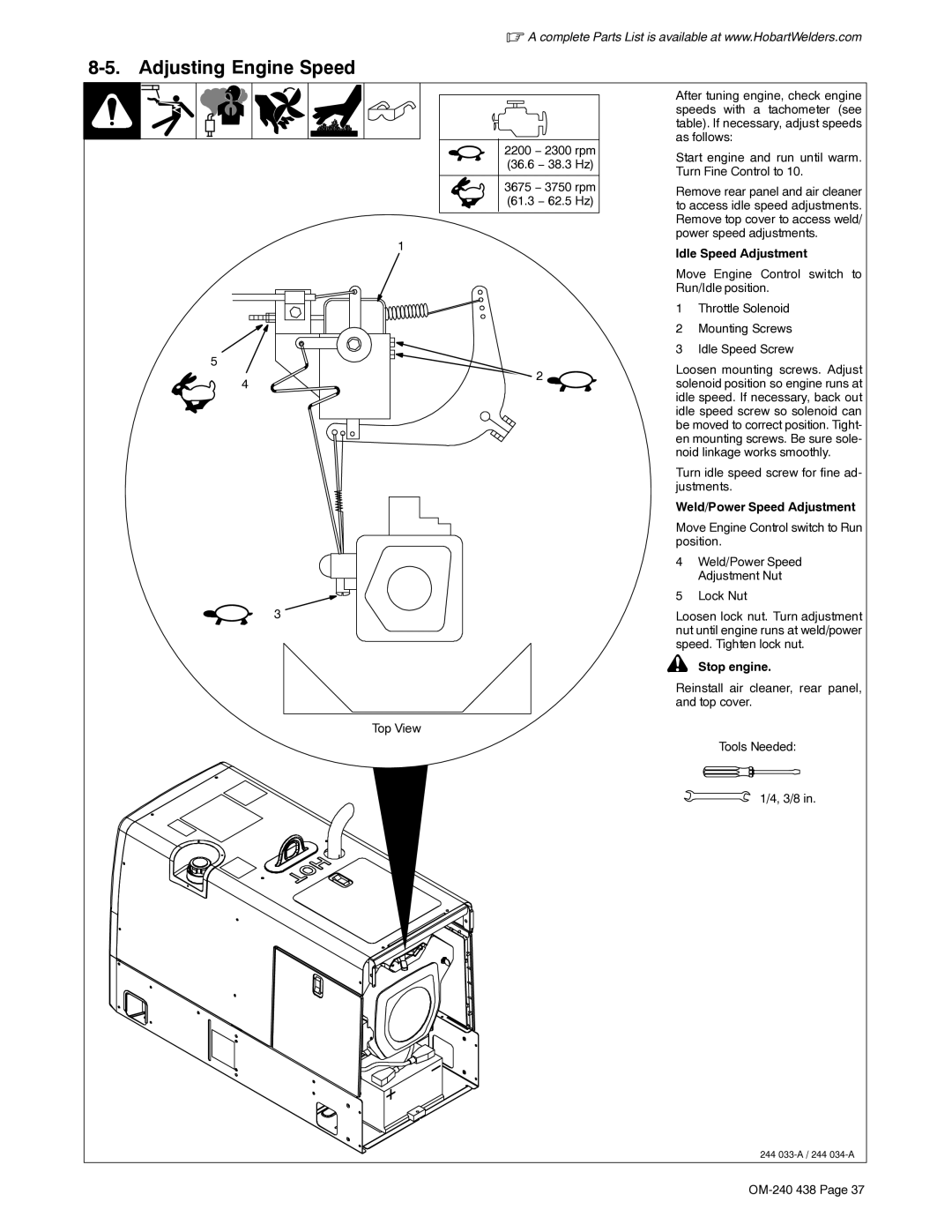 Hobart Welding Products OM-240 438E manual Adjusting Engine Speed, Idle Speed Adjustment, Weld/Power Speed Adjustment 