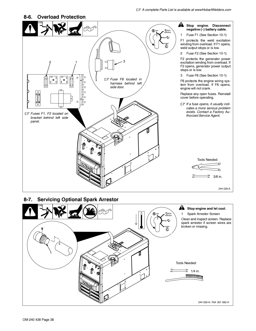 Hobart Welding Products OM-240 438E manual Overload Protection, Servicing Optional Spark Arrestor, Fuse F1 See Section 