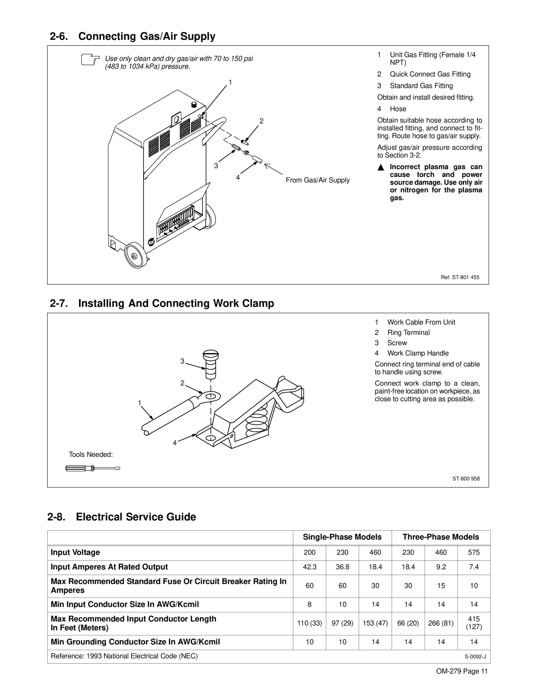 Hobart Welding Products OM-279 Connecting Gas/Air Supply, Installing And Connecting Work Clamp, Electrical Service Guide 