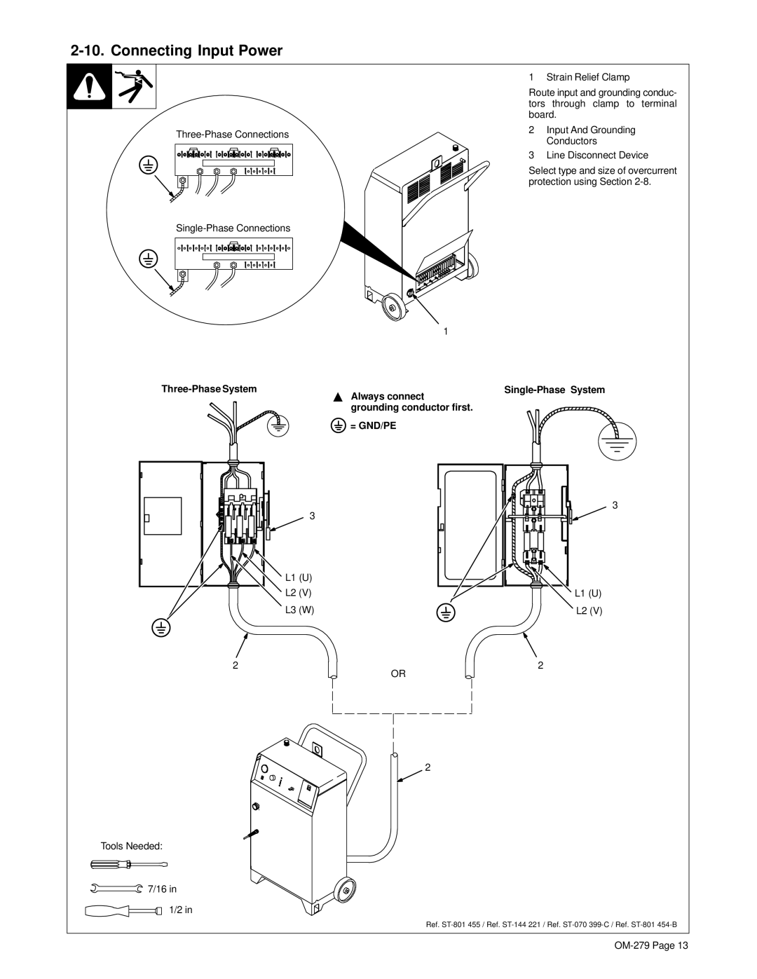 Hobart Welding Products OM-279 manual Connecting Input Power, Three-Phase System, Always connect, Grounding conductor first 