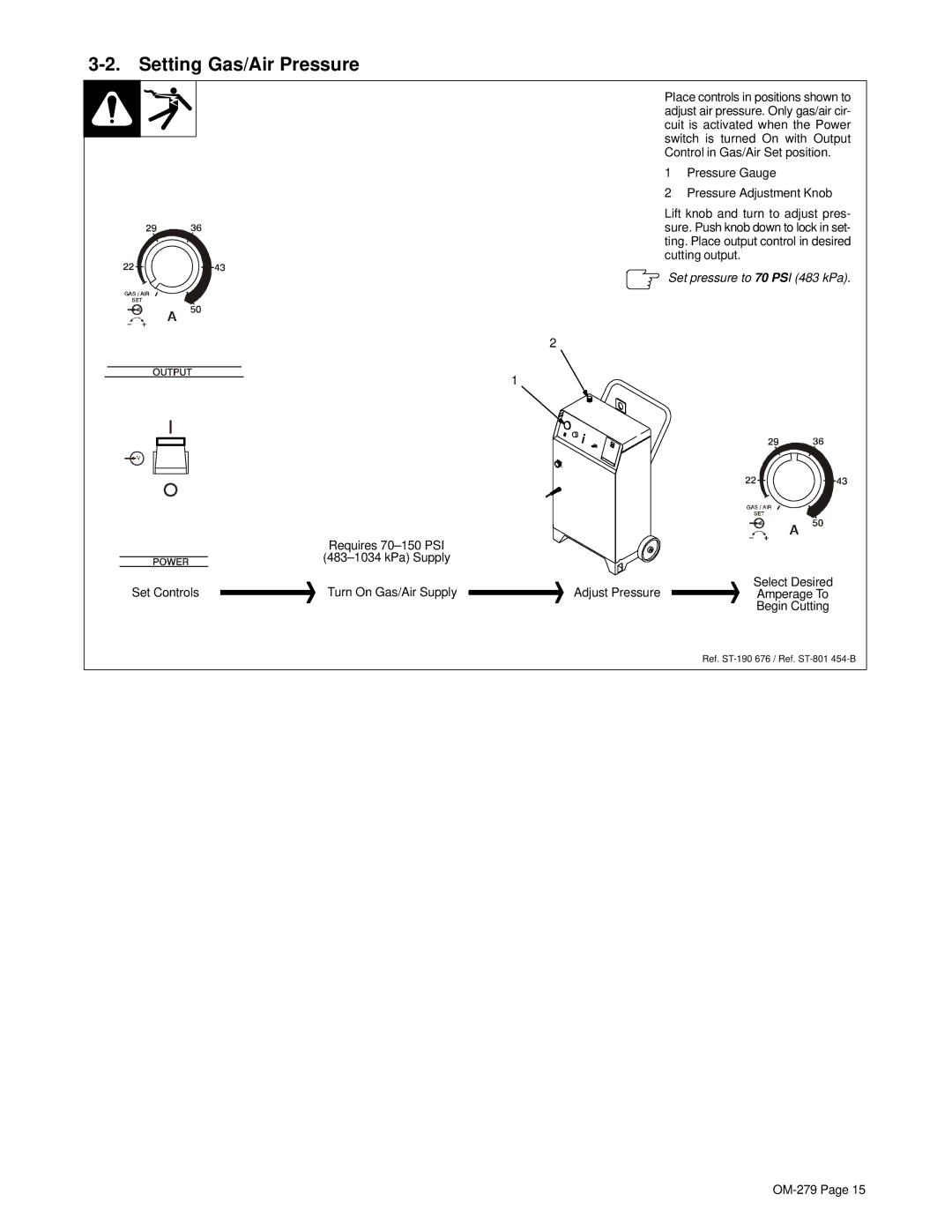 Hobart Welding Products OM-279 manual Setting Gas/Air Pressure, Set pressure to 70 PSI 483 kPa 