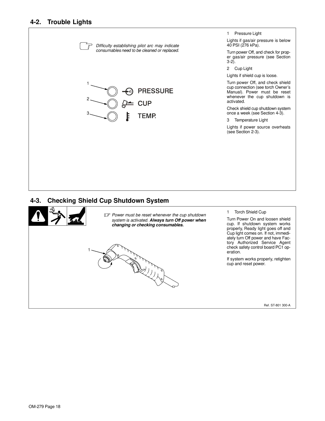 Hobart Welding Products OM-279 manual Trouble Lights, Checking Shield Cup Shutdown System 