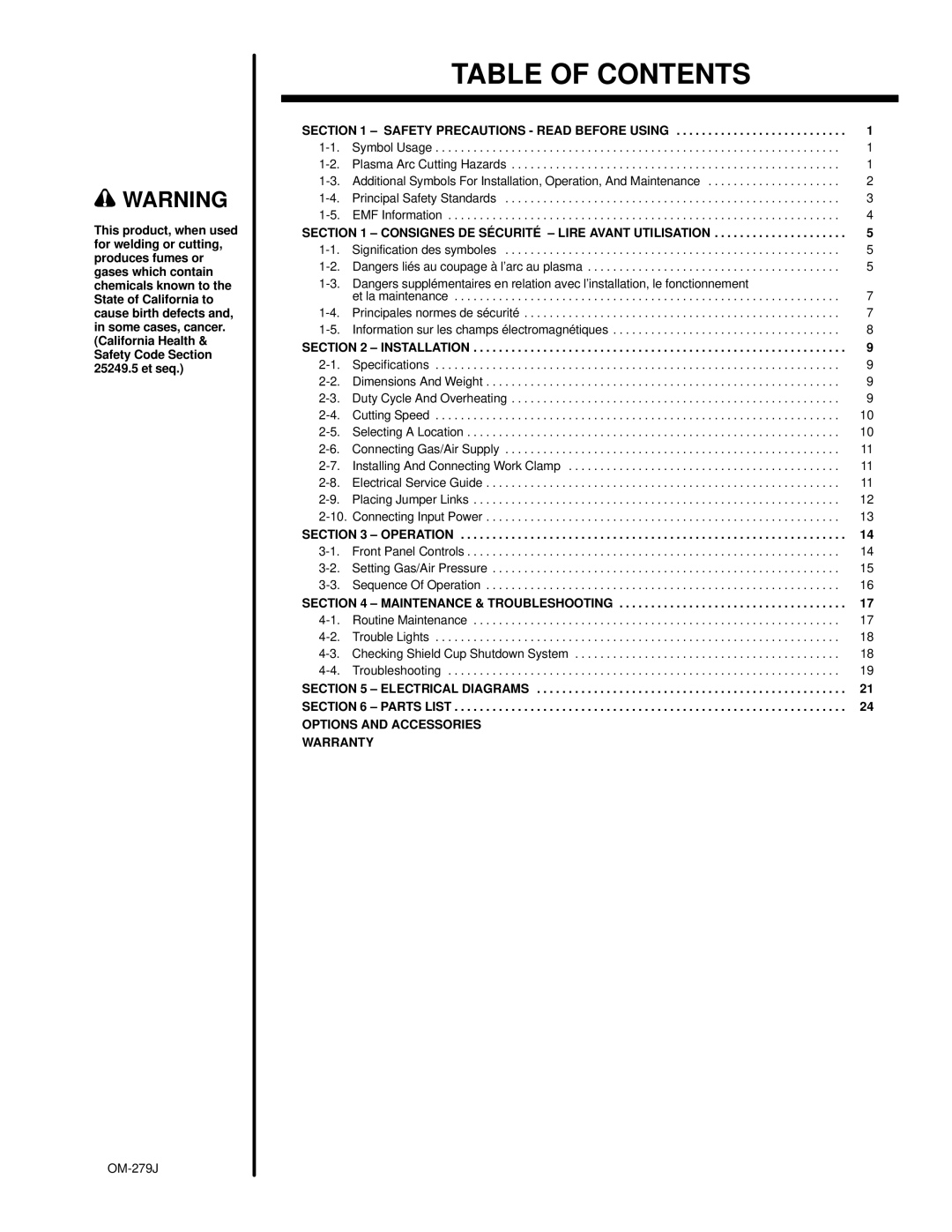 Hobart Welding Products OM-279 manual Table of Contents 