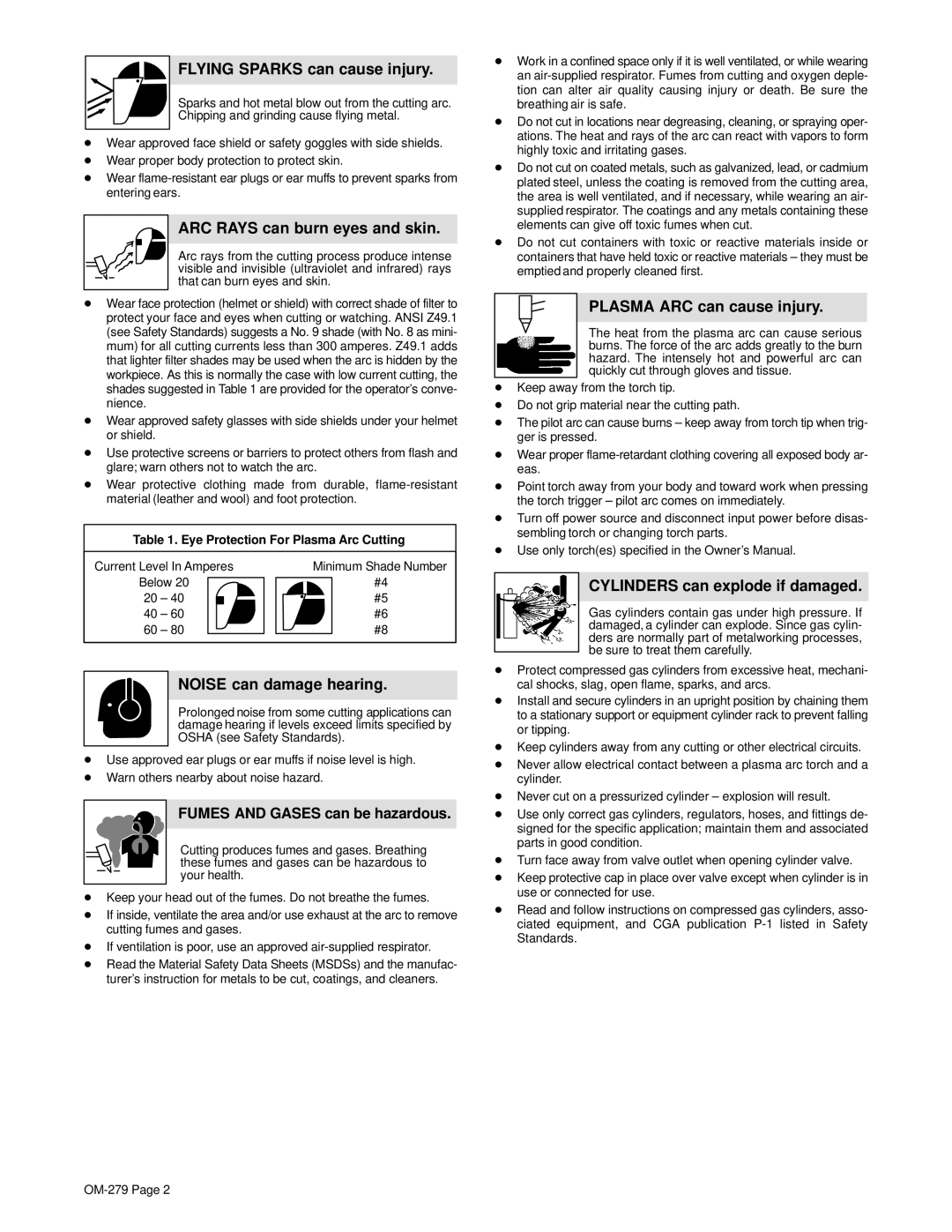 Hobart Welding Products OM-279 Flying Sparks can cause injury, ARC Rays can burn eyes and skin, Noise can damage hearing 