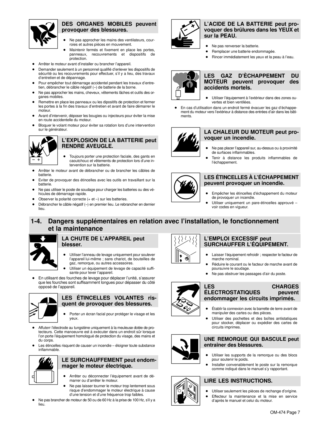 Hobart Welding Products OM-474 manual DES Organes Mobiles peuvent provoquer des blessures, ’EXPLOSION DE LA Batterie peut 