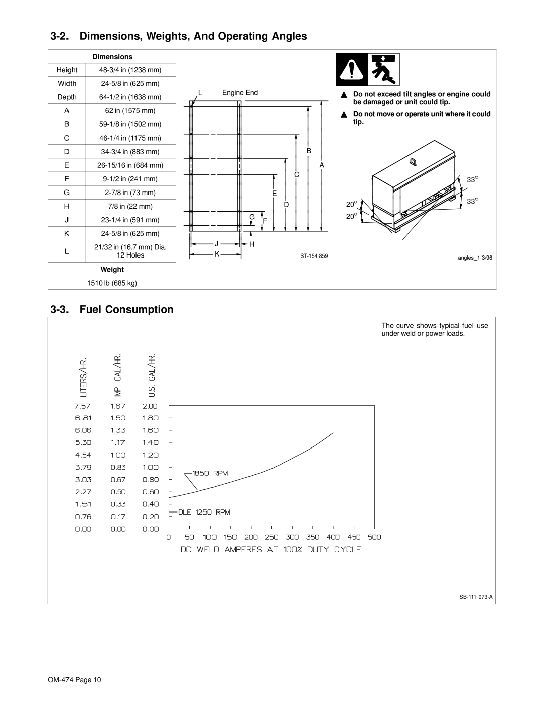 Hobart Welding Products OM-474 manual Dimensions, Weights, And Operating Angles, Fuel Consumption 