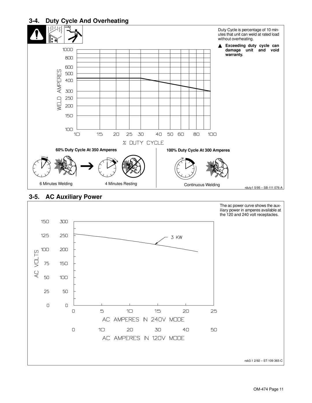 Hobart Welding Products OM-474 manual Duty Cycle And Overheating, AC Auxiliary Power, 60% Duty Cycle At 350 Amperes 