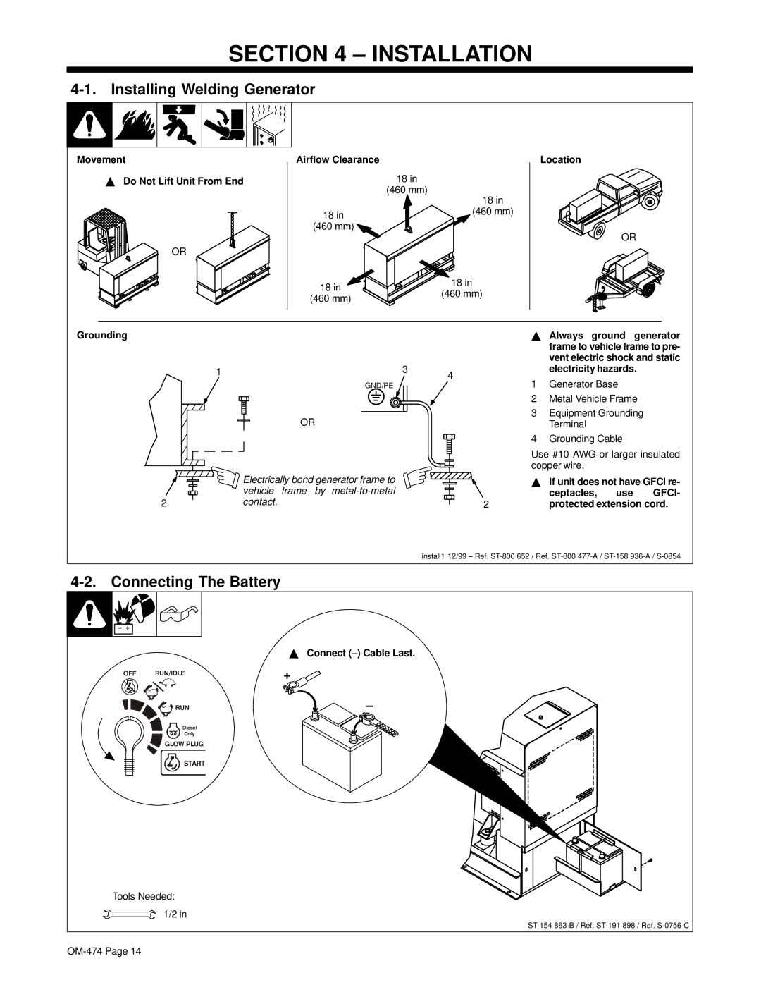 Hobart Welding Products OM-474 manual Installation, Installing Welding Generator, Connecting The Battery 