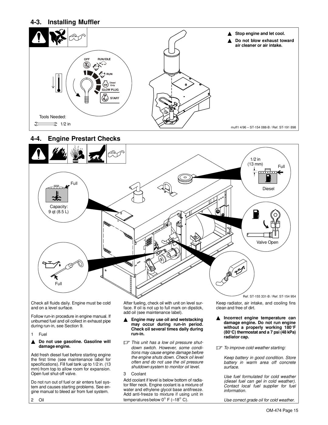 Hobart Welding Products OM-474 manual Installing Muffler, Engine Prestart Checks, Coolant 