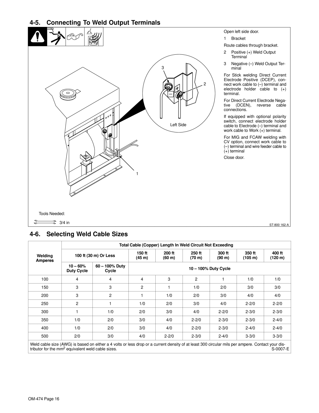 Hobart Welding Products OM-474 manual Connecting To Weld Output Terminals, Selecting Weld Cable Sizes, 100 ft 30 m Or Less 