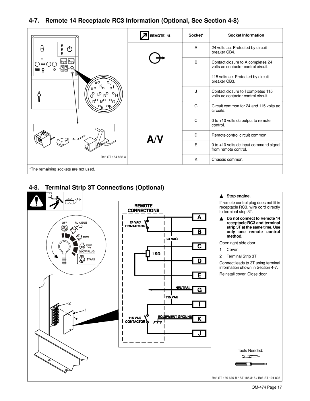 Hobart Welding Products OM-474 Remote 14 Receptacle RC3 Information Optional, See Section, Socket Information, Stop engine 