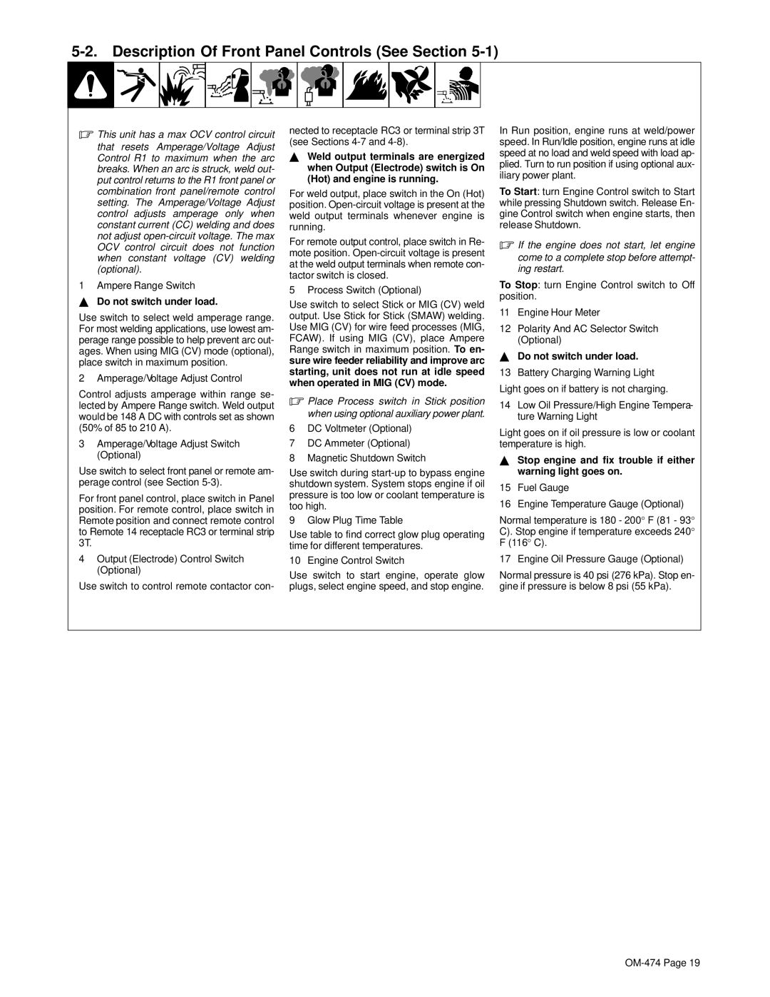 Hobart Welding Products OM-474 manual Description Of Front Panel Controls See Section, Ampere Range Switch 