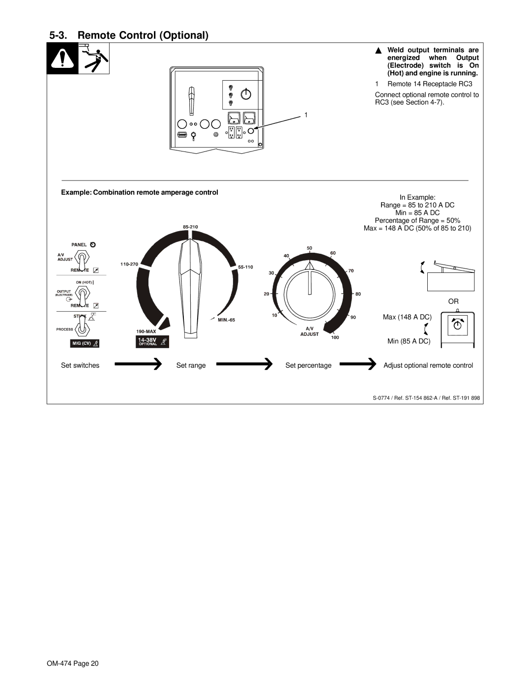 Hobart Welding Products OM-474 manual Remote Control Optional, Example Combination remote amperage control 