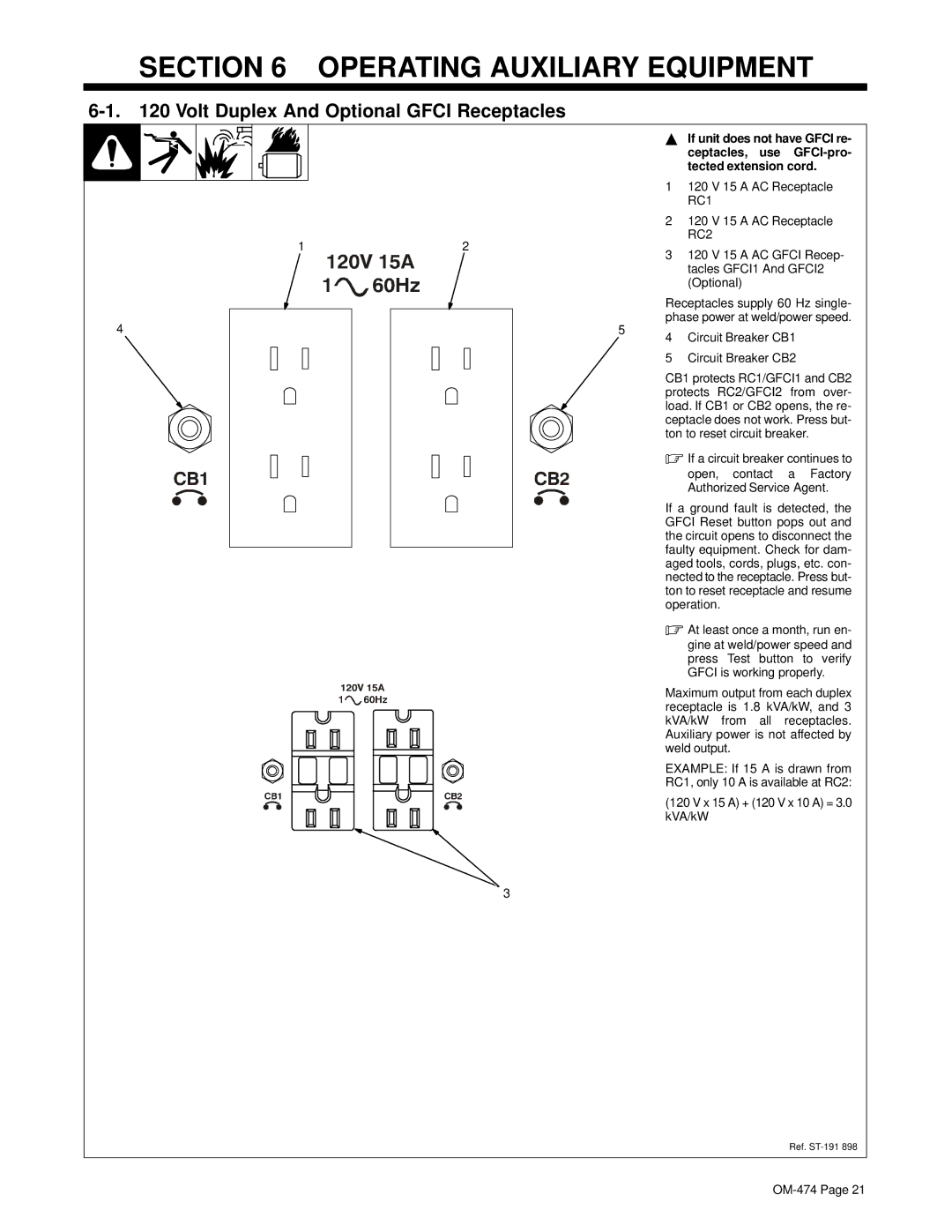 Hobart Welding Products OM-474 manual Operating Auxiliary Equipment, Volt Duplex And Optional Gfci Receptacles 