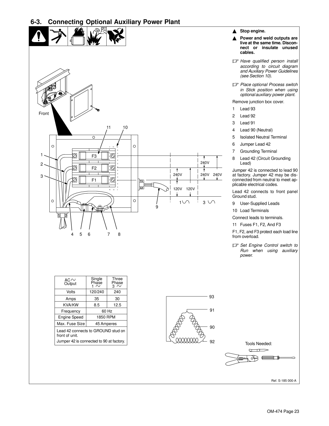 Hobart Welding Products OM-474 manual Connecting Optional Auxiliary Power Plant, Front 