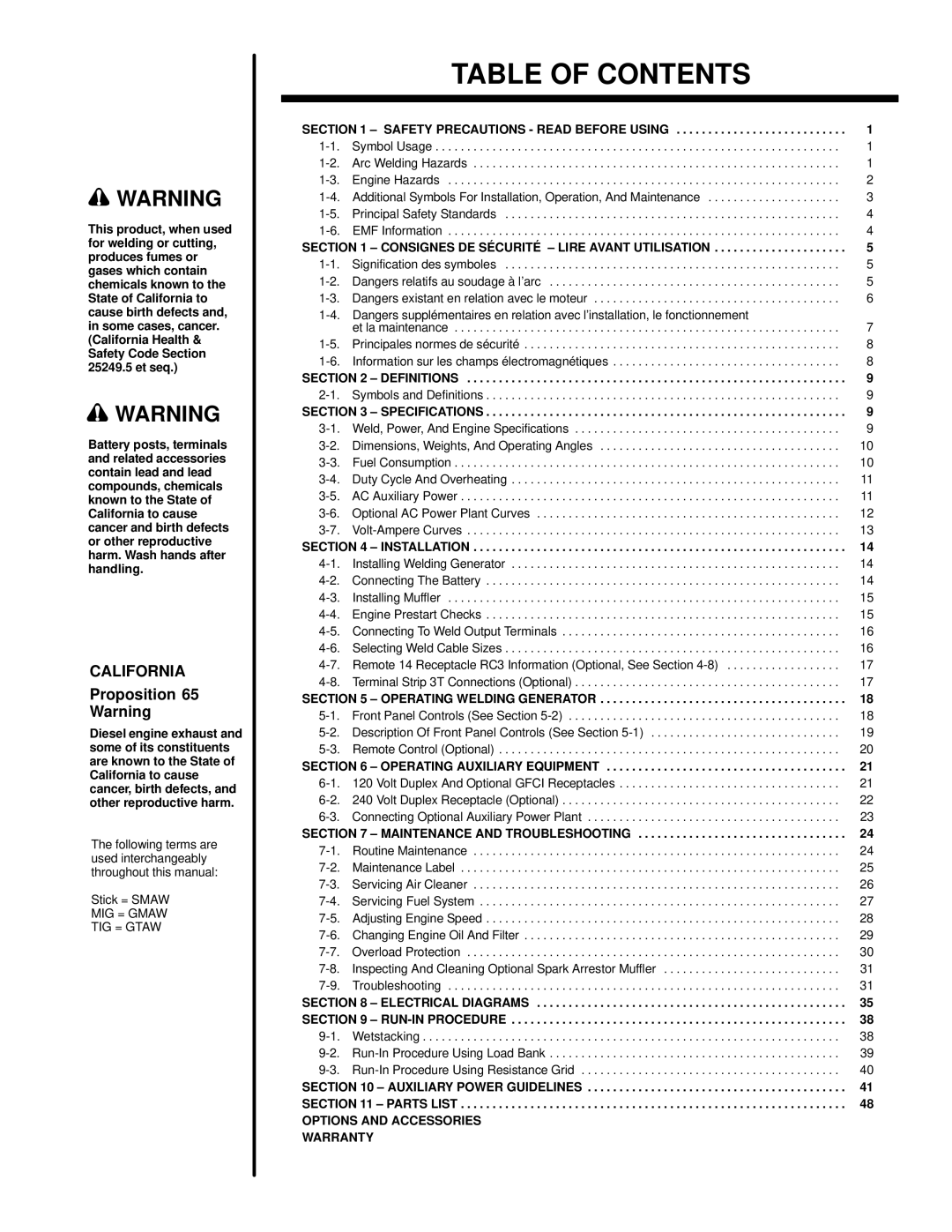 Hobart Welding Products OM-474 manual Table of Contents 