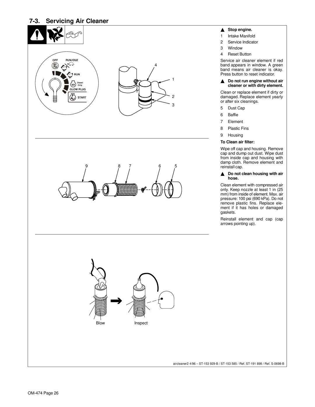 Hobart Welding Products OM-474 manual Servicing Air Cleaner, To Clean air filter, Do not clean housing with air hose 