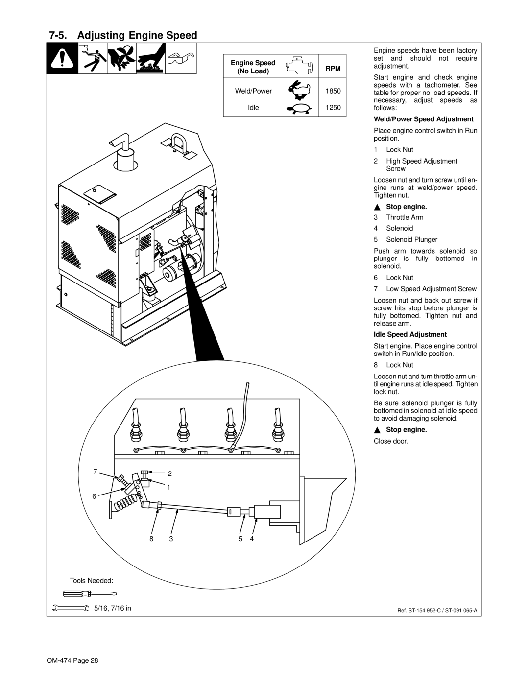 Hobart Welding Products OM-474 manual Adjusting Engine Speed, Engine Speed No Load, Idle Speed Adjustment 