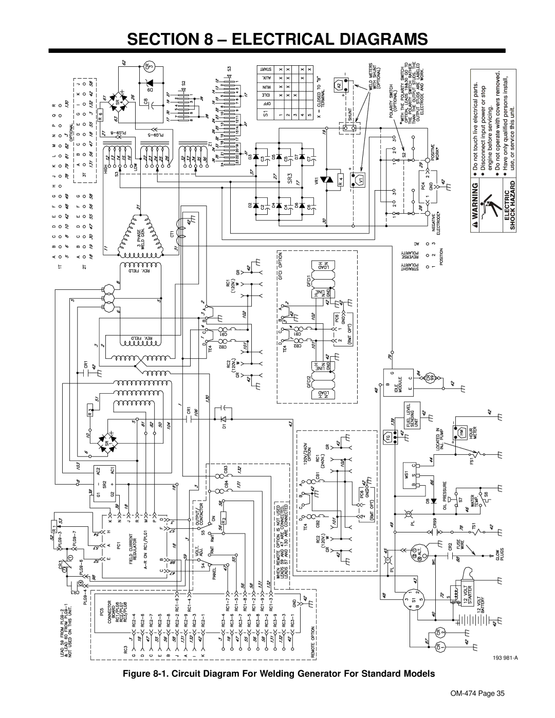 Hobart Welding Products OM-474 manual Electrical Diagrams, Circuit Diagram For Welding Generator For Standard Models 