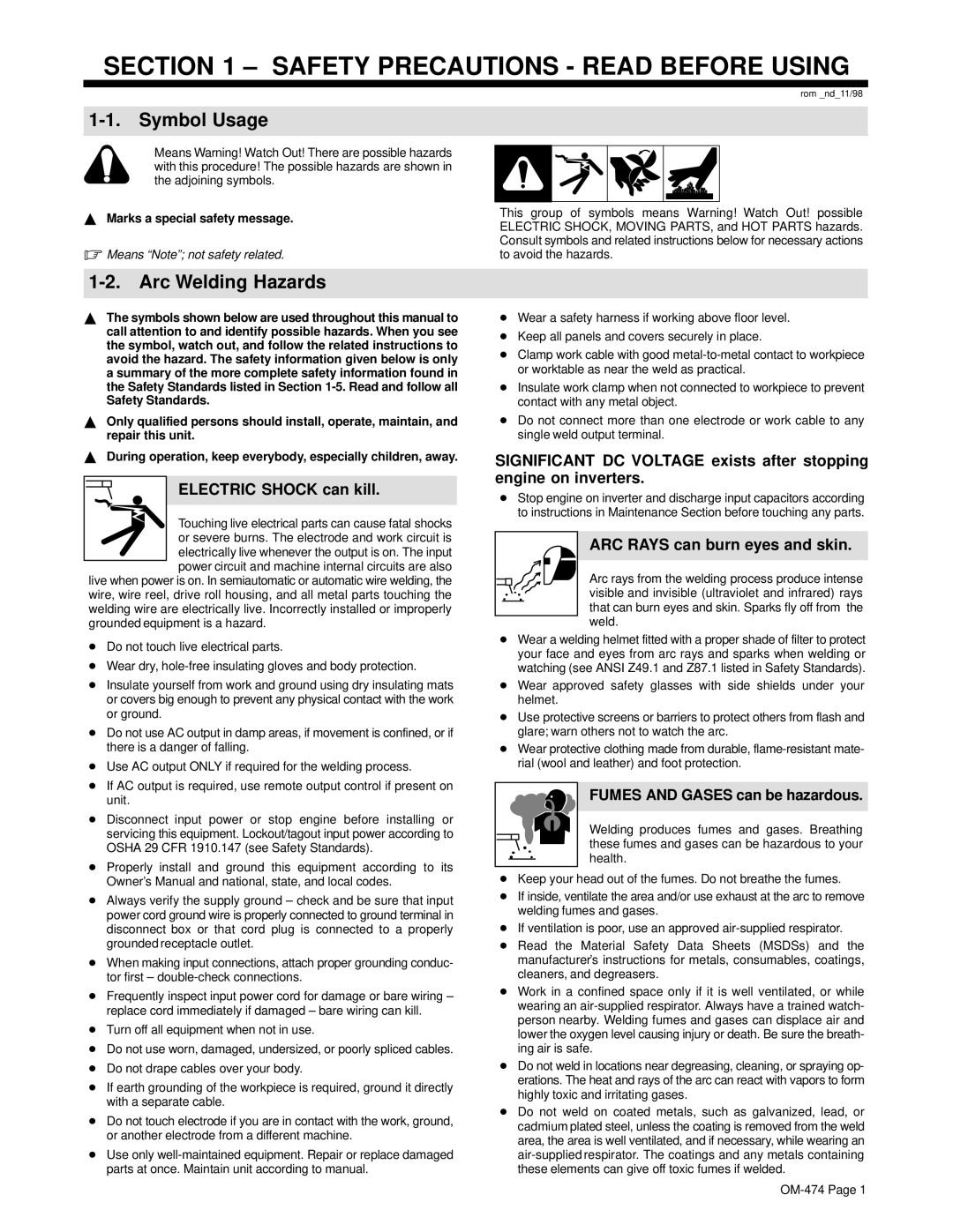 Hobart Welding Products OM-474 Symbol Usage, Arc Welding Hazards, Electric Shock can kill, ARC Rays can burn eyes and skin 