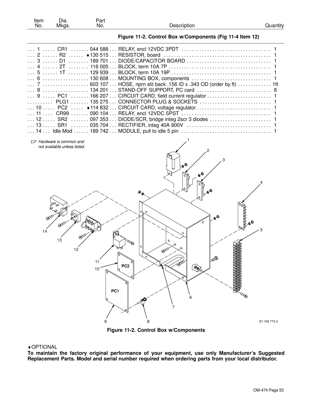 Hobart Welding Products OM-474 manual Control Box w/Components -4 Item 