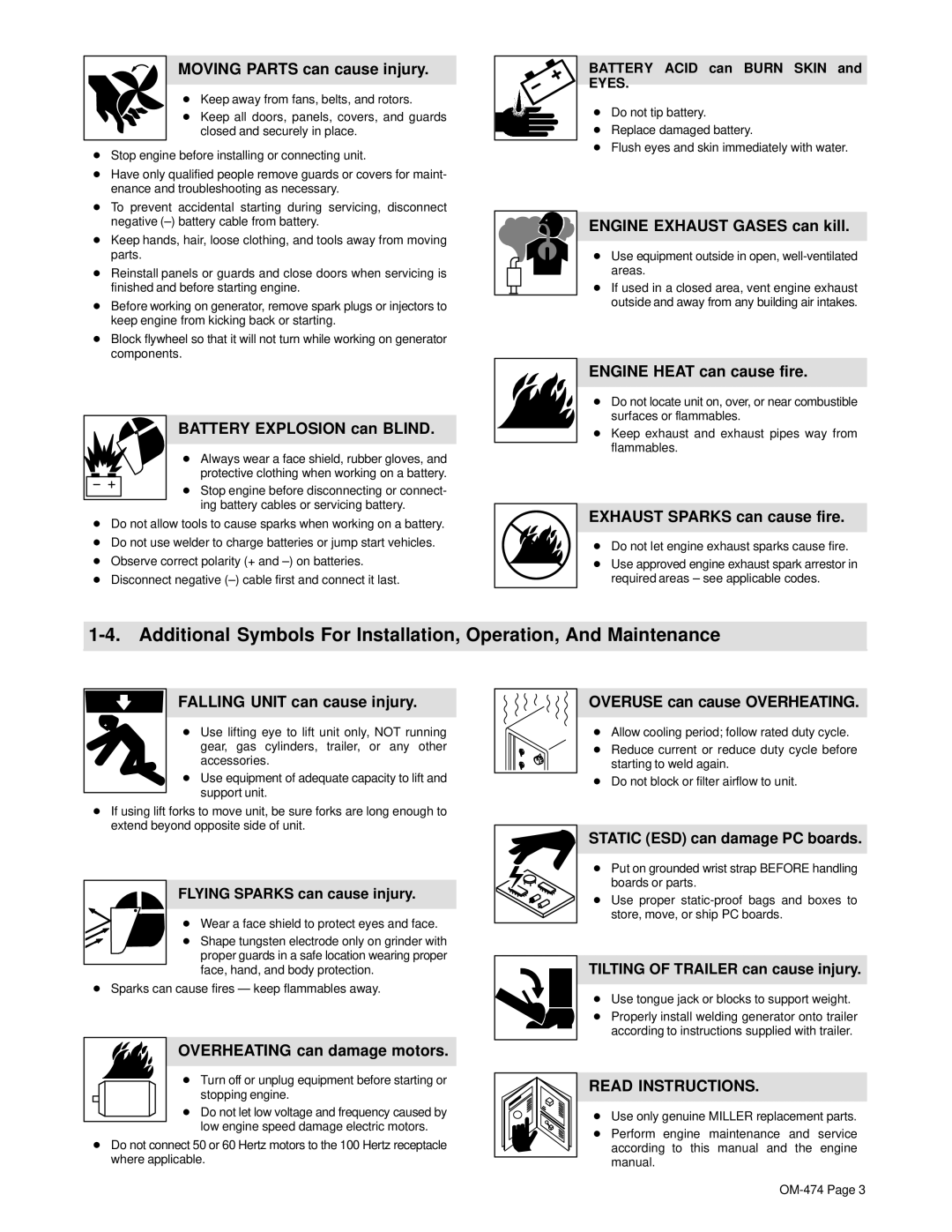 Hobart Welding Products OM-474 Moving Parts can cause injury, Battery Explosion can Blind, Engine Exhaust Gases can kill 