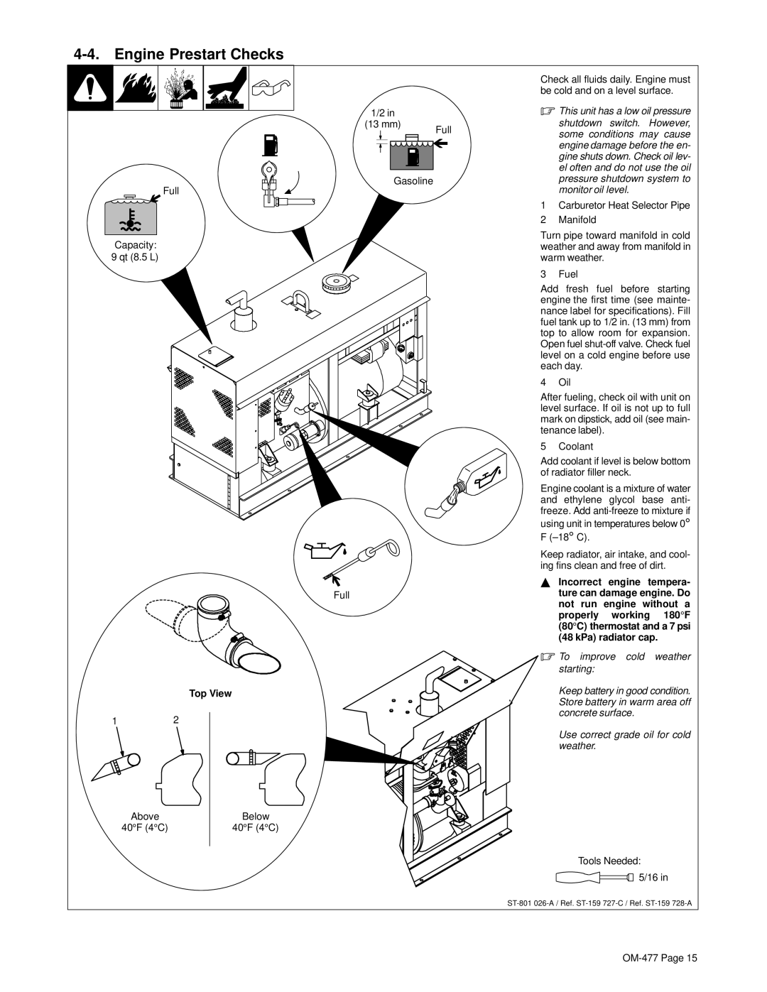 Hobart Welding Products OM-477 manual Engine Prestart Checks, mm Full Gasoline Capacity 9 qt 8.5 L, Top View 