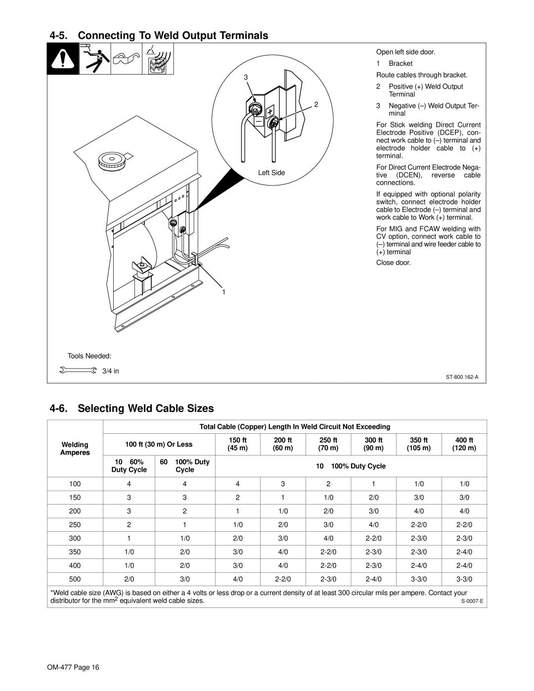 Hobart Welding Products OM-477 manual Connecting To Weld Output Terminals, Selecting Weld Cable Sizes, 100 ft 30 m Or Less 