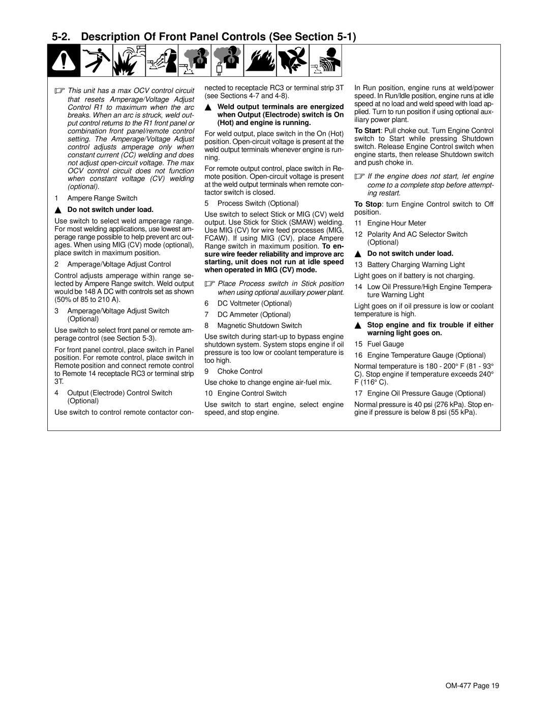 Hobart Welding Products OM-477 manual Description Of Front Panel Controls See Section, Ampere Range Switch 