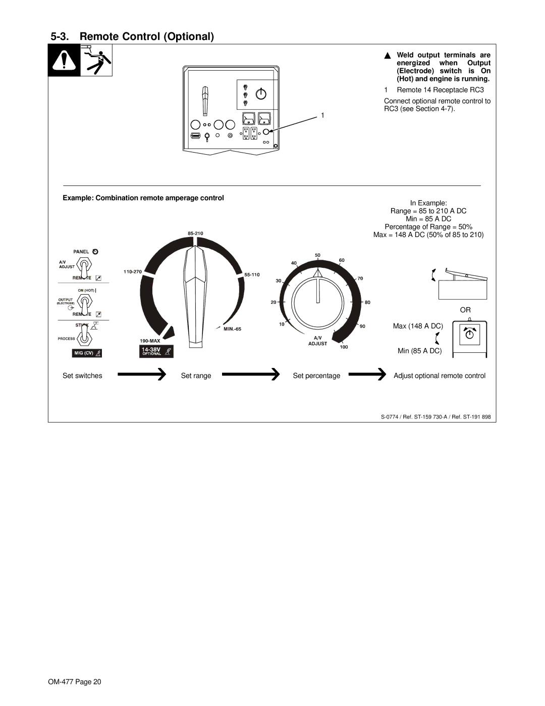 Hobart Welding Products OM-477 manual Remote Control Optional, Example Combination remote amperage control 