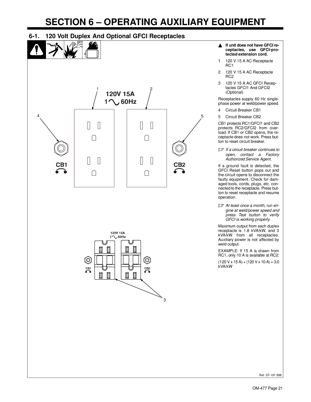 Hobart Welding Products OM-477 manual Operating Auxiliary Equipment, Volt Duplex And Optional Gfci Receptacles 