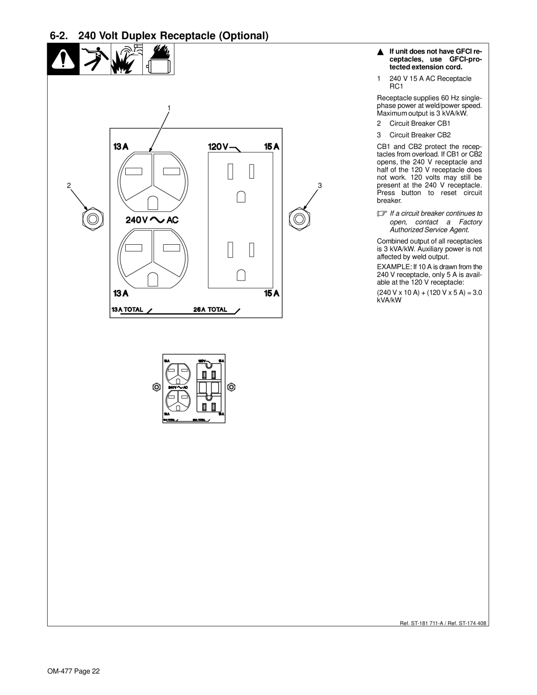 Hobart Welding Products OM-477 manual Volt Duplex Receptacle Optional, X 10 a + 120 V x 5 a = 3.0 kVA/kW 