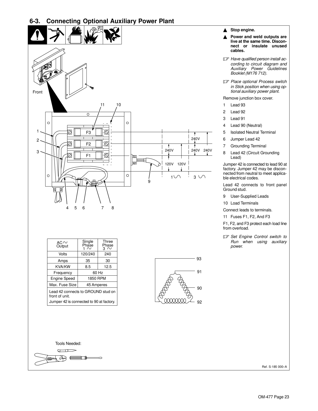 Hobart Welding Products OM-477 manual Connecting Optional Auxiliary Power Plant, Front 