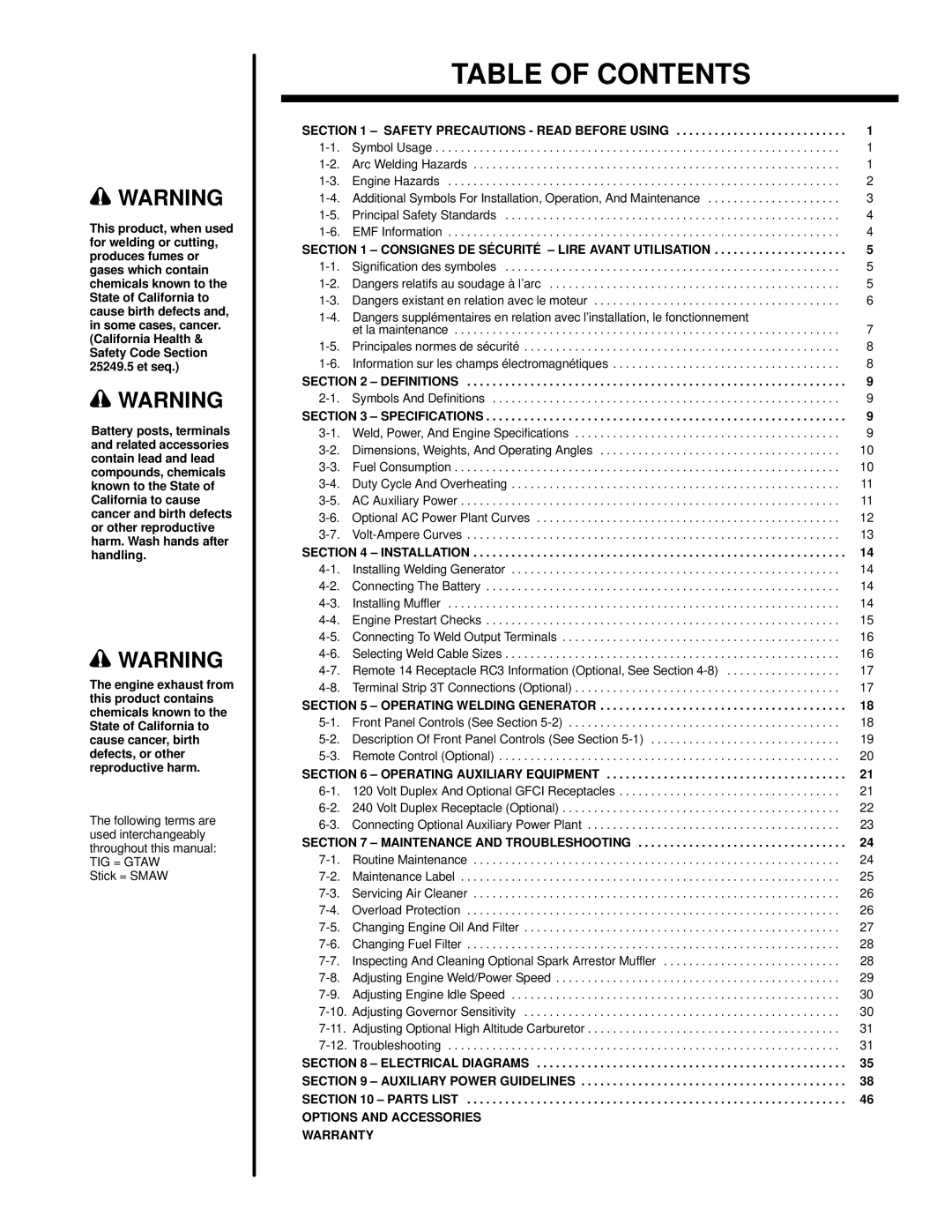 Hobart Welding Products OM-477 manual Table of Contents 