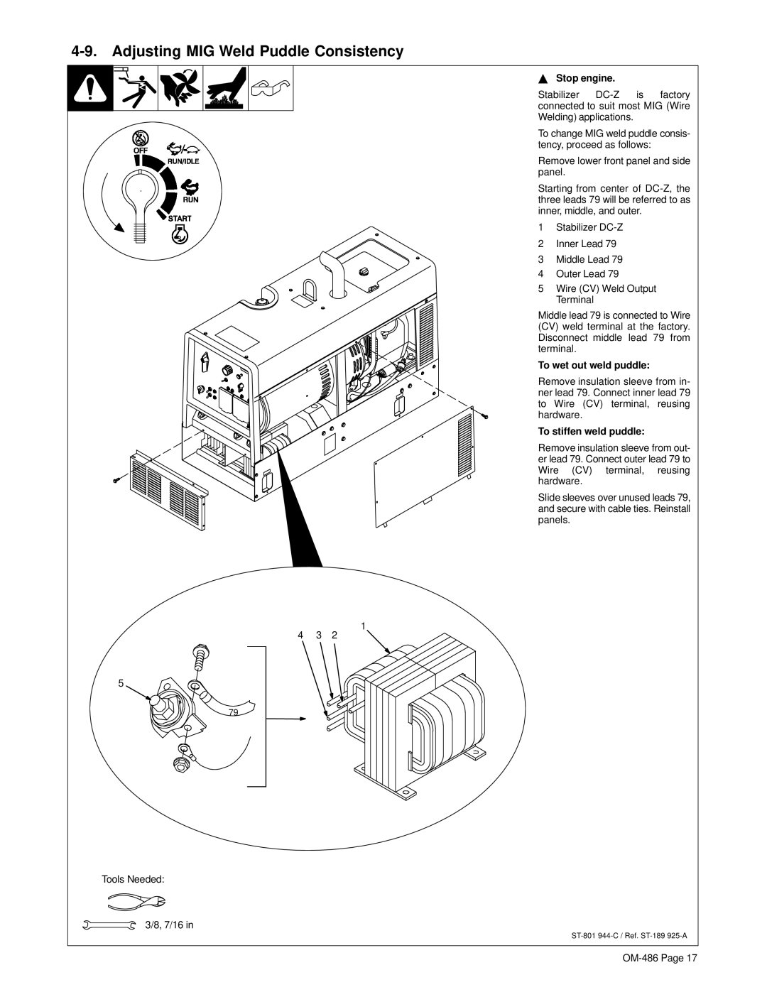 Hobart Welding Products OM-486 manual Adjusting MIG Weld Puddle Consistency, Stop engine, To wet out weld puddle 