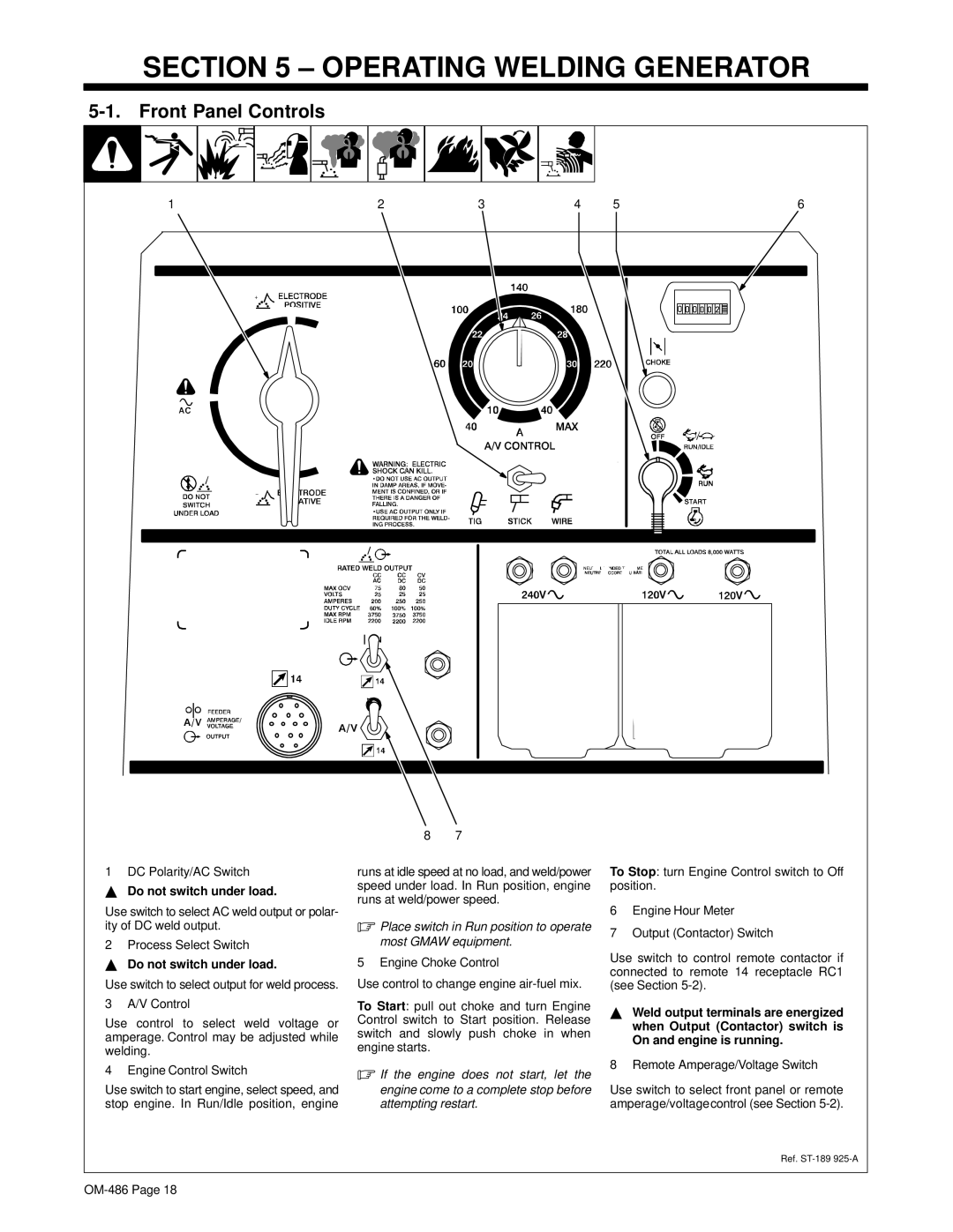 Hobart Welding Products OM-486 manual Operating Welding Generator, Front Panel Controls, DC Polarity/AC Switch 