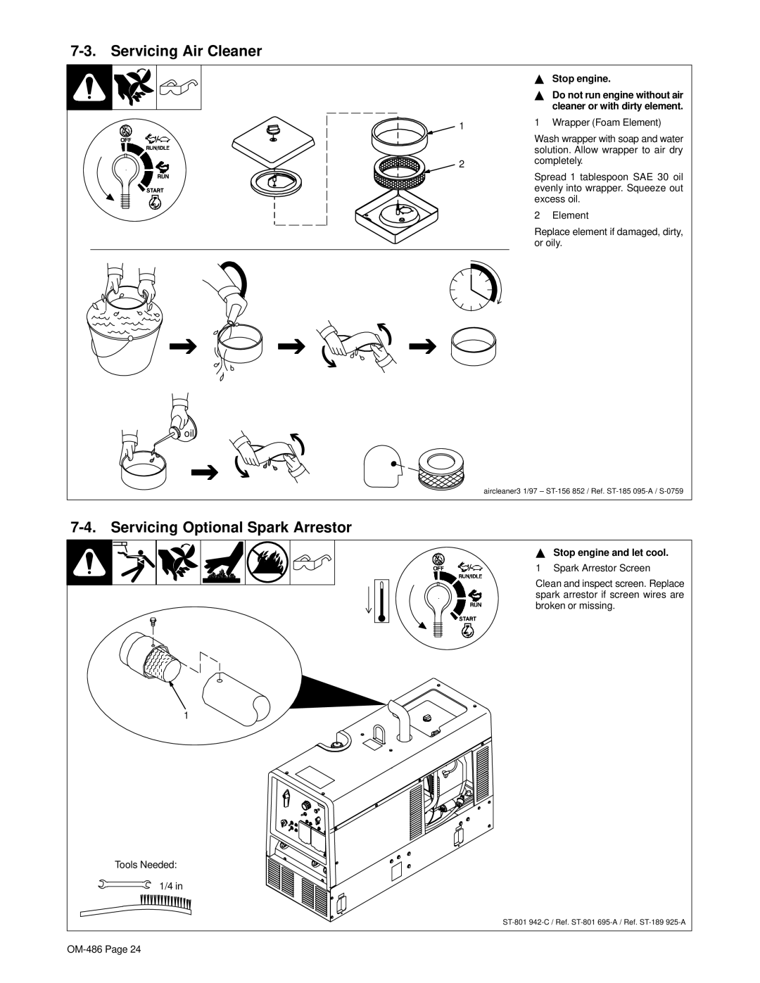 Hobart Welding Products OM-486 manual Servicing Air Cleaner, Servicing Optional Spark Arrestor, Stop engine and let cool 