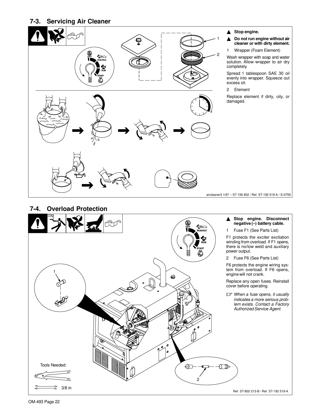 Hobart Welding Products OM-493 manual Servicing Air Cleaner, Overload Protection, Stop engine, Wrapper Foam Element 