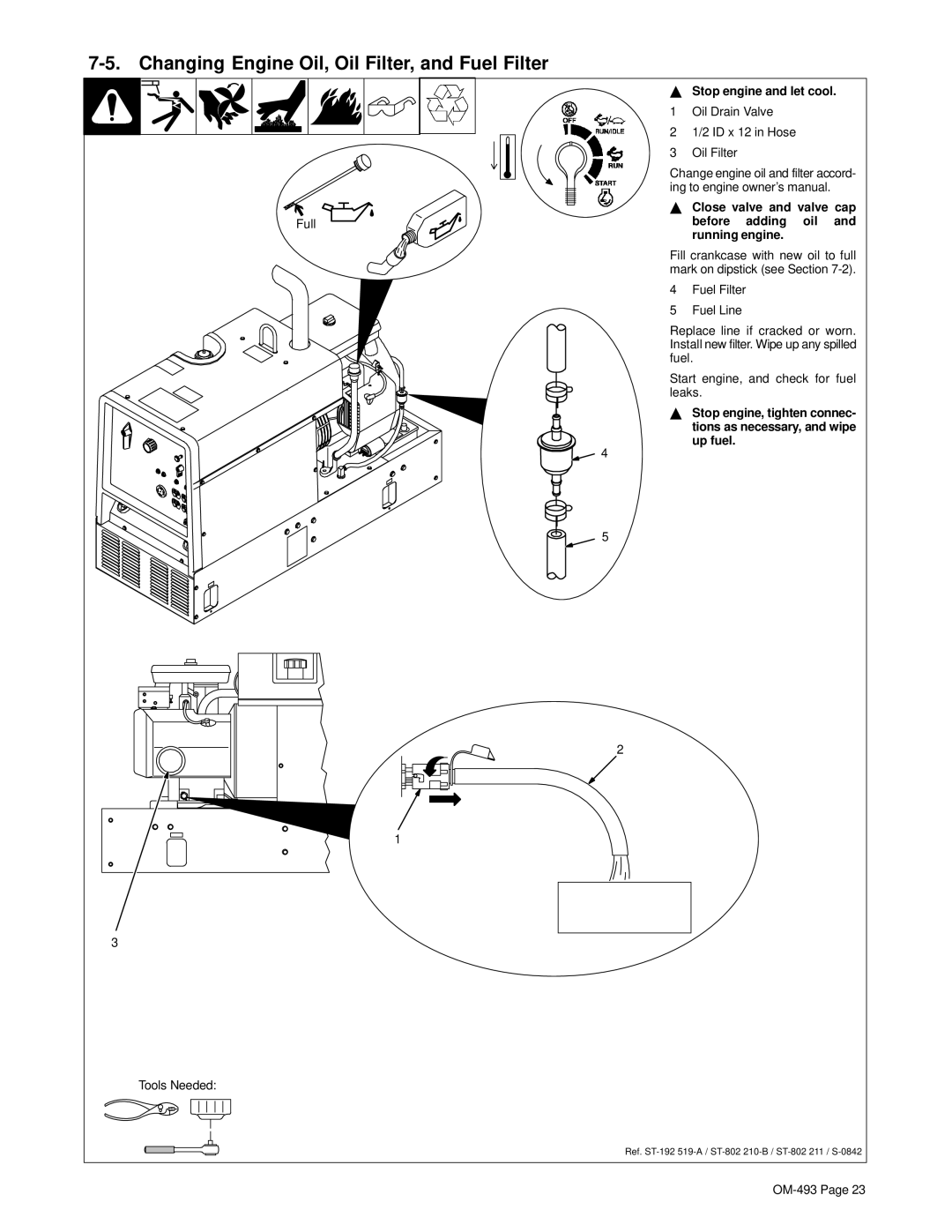 Hobart Welding Products OM-493 manual Changing Engine Oil, Oil Filter, and Fuel Filter, Full Tools Needed 