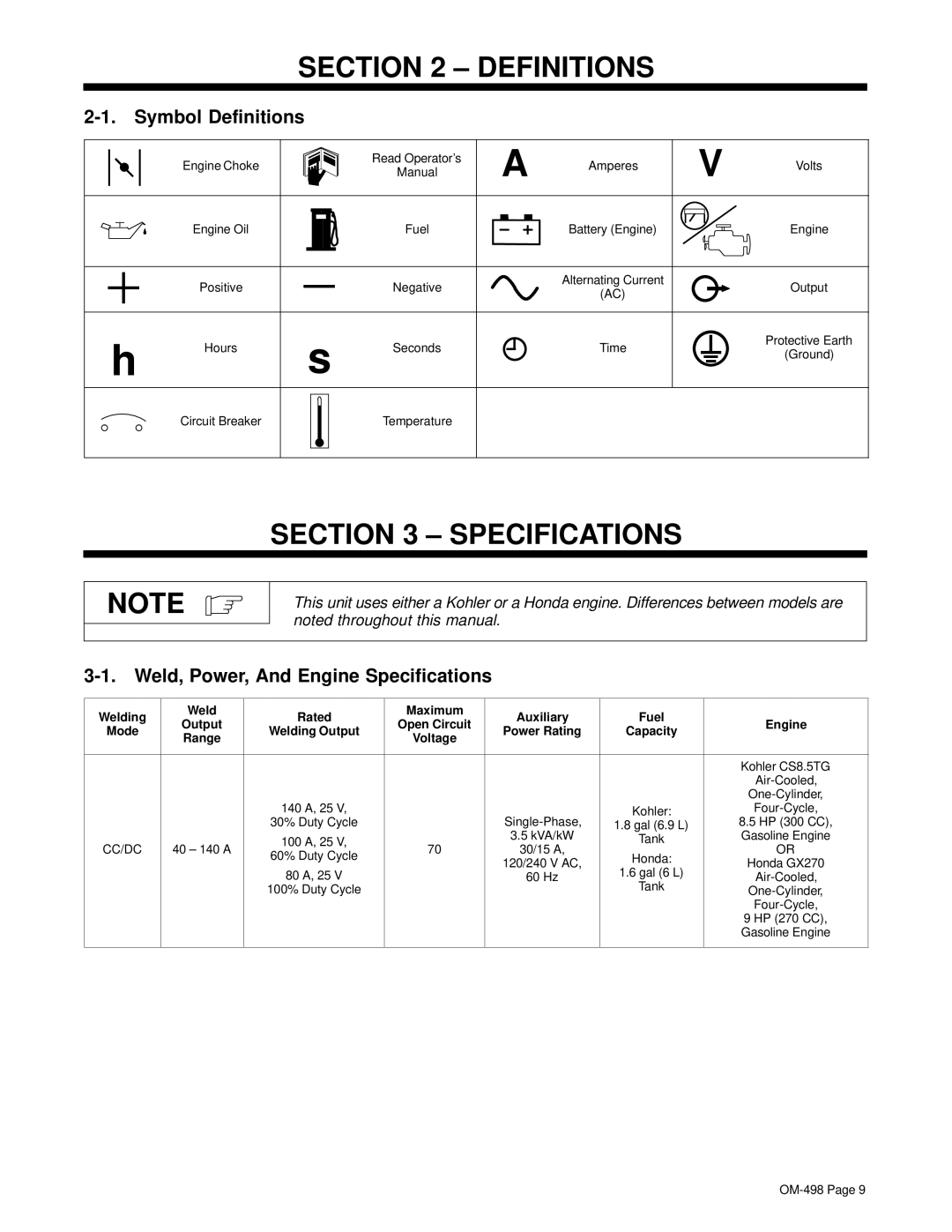 Hobart Welding Products OM-498 manual Symbol Definitions, Weld, Power, And Engine Specifications 