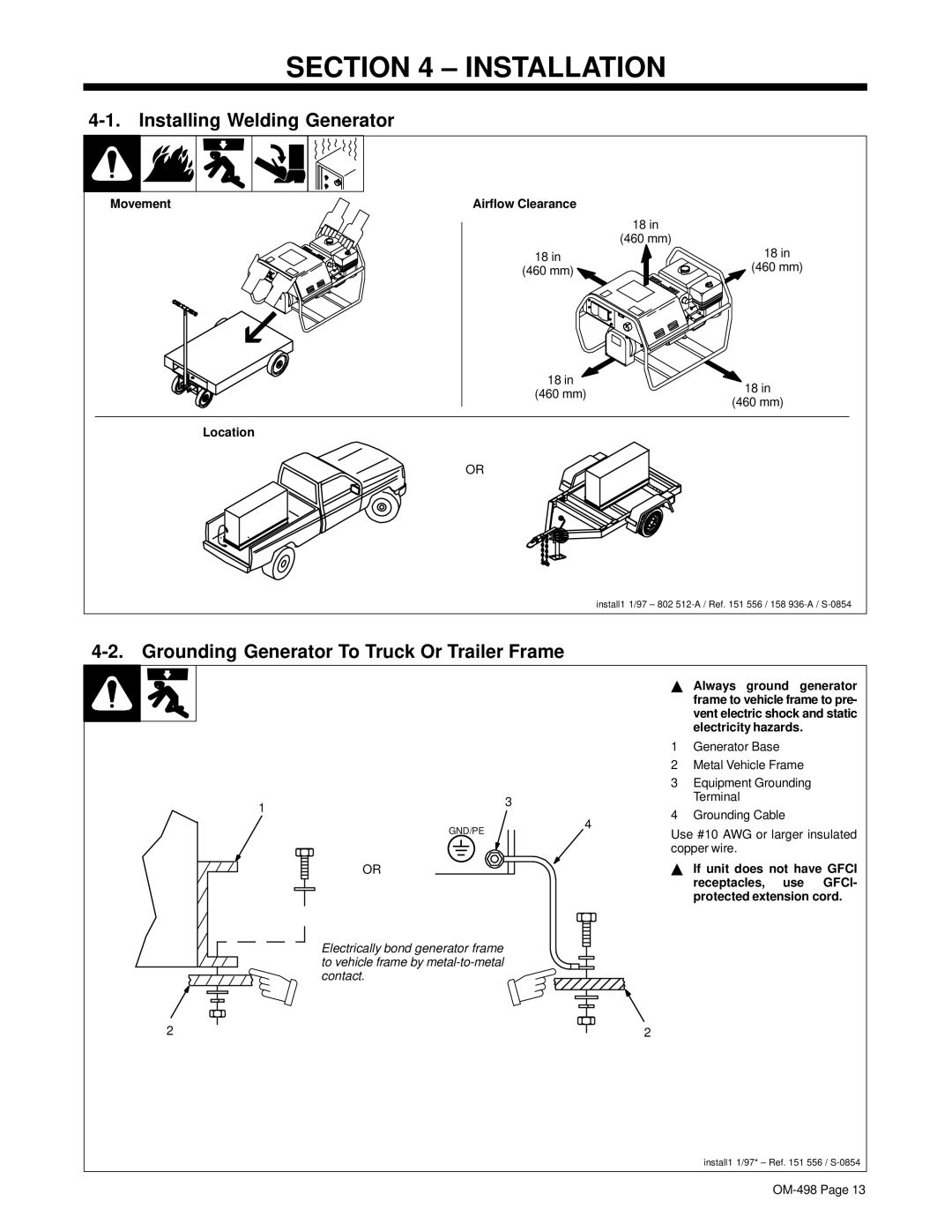 Hobart Welding Products OM-498 Installation, Installing Welding Generator, Grounding Generator To Truck Or Trailer Frame 