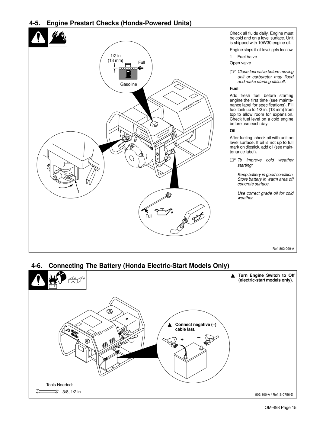 Hobart Welding Products OM-498 manual Engine Prestart Checks Honda-Powered Units, Oil, Connect negative cable last 