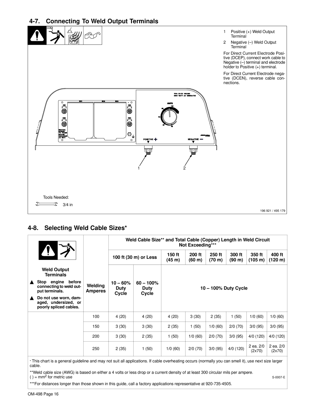 Hobart Welding Products OM-498 manual Connecting To Weld Output Terminals, Selecting Weld Cable Sizes, Stop engine before 