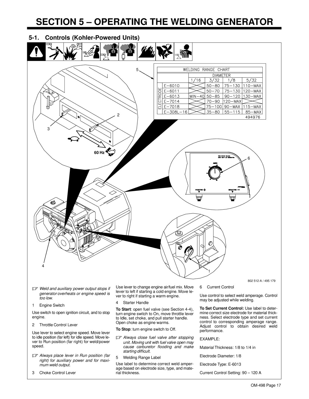 Hobart Welding Products OM-498 Operating the Welding Generator, Controls Kohler-Powered Units, 60 Hz, Choke Control Lever 