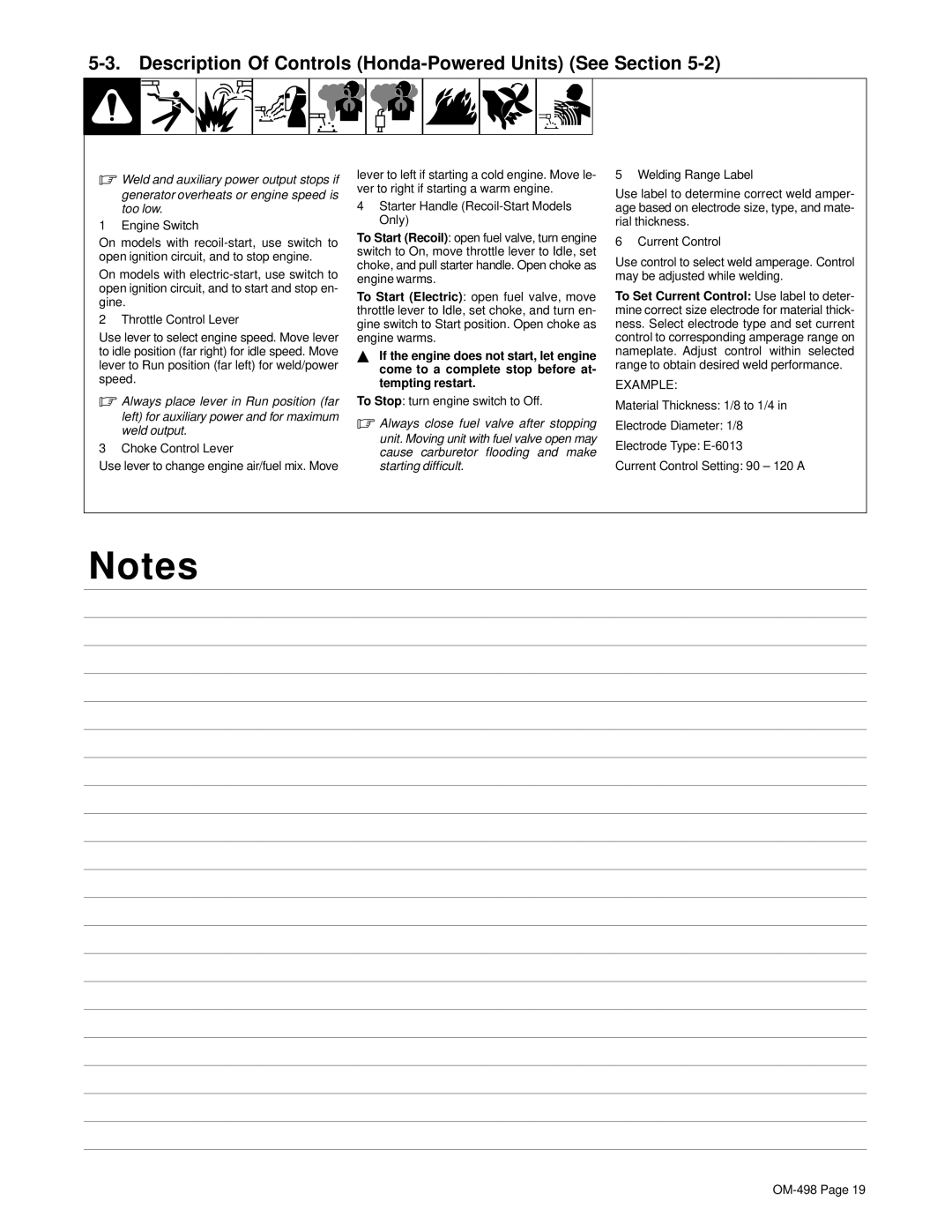 Hobart Welding Products OM-498 manual Description Of Controls Honda-Powered Units See Section 