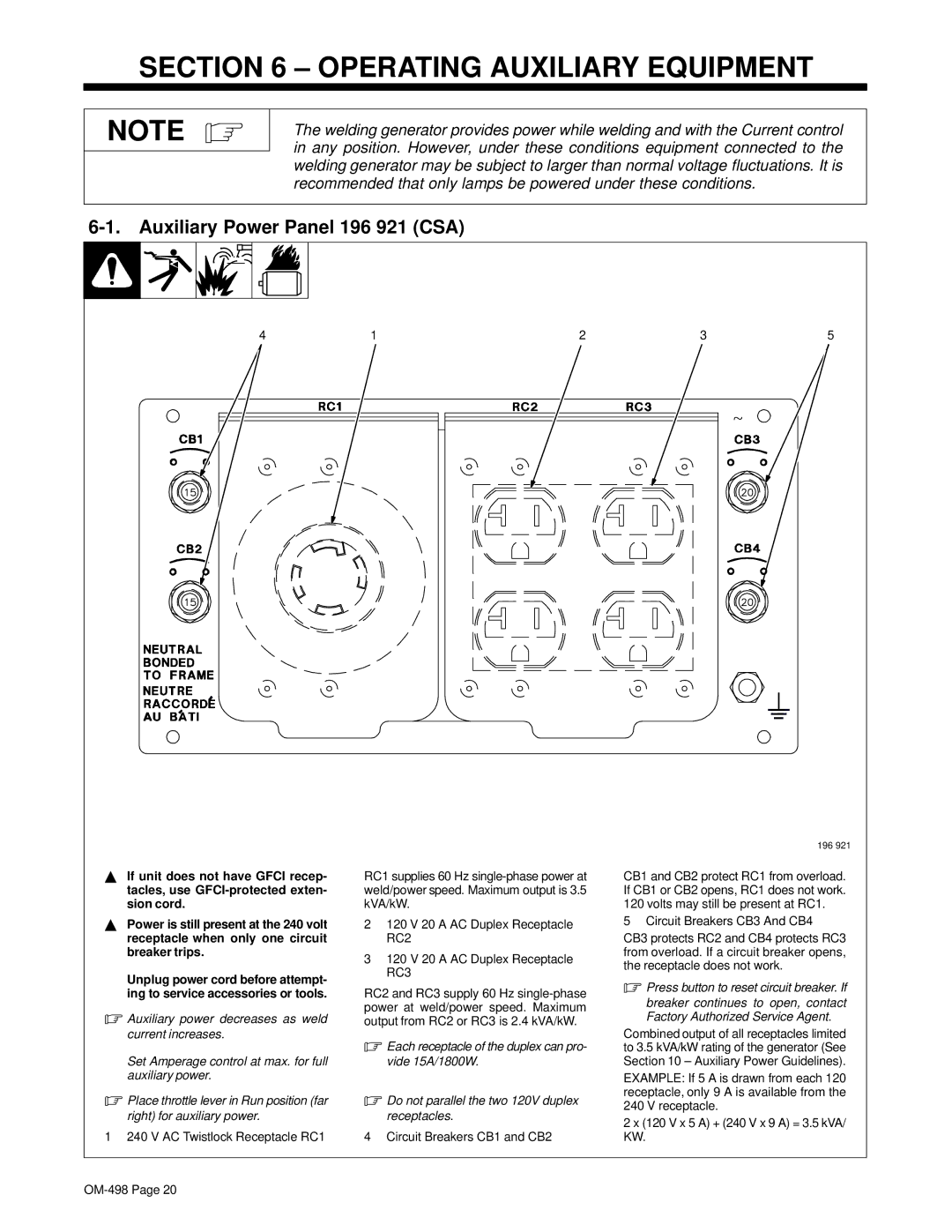 Hobart Welding Products OM-498 manual Operating Auxiliary Equipment, Auxiliary Power Panel 196 921 CSA 