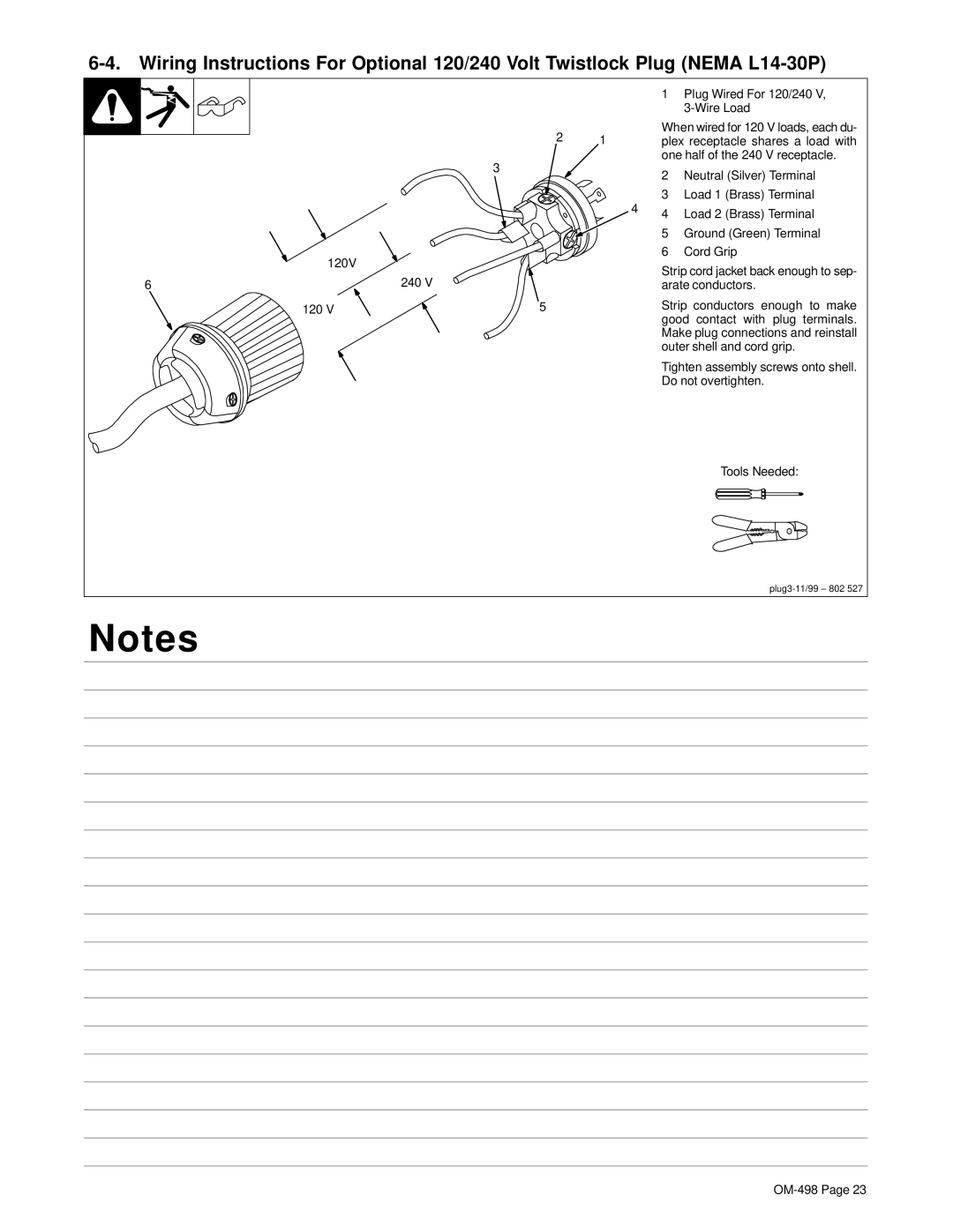 Hobart Welding Products OM-498 manual Plug Wired For 120/240, Wire Load, Plex receptacle shares a load with, 120V Cord Grip 