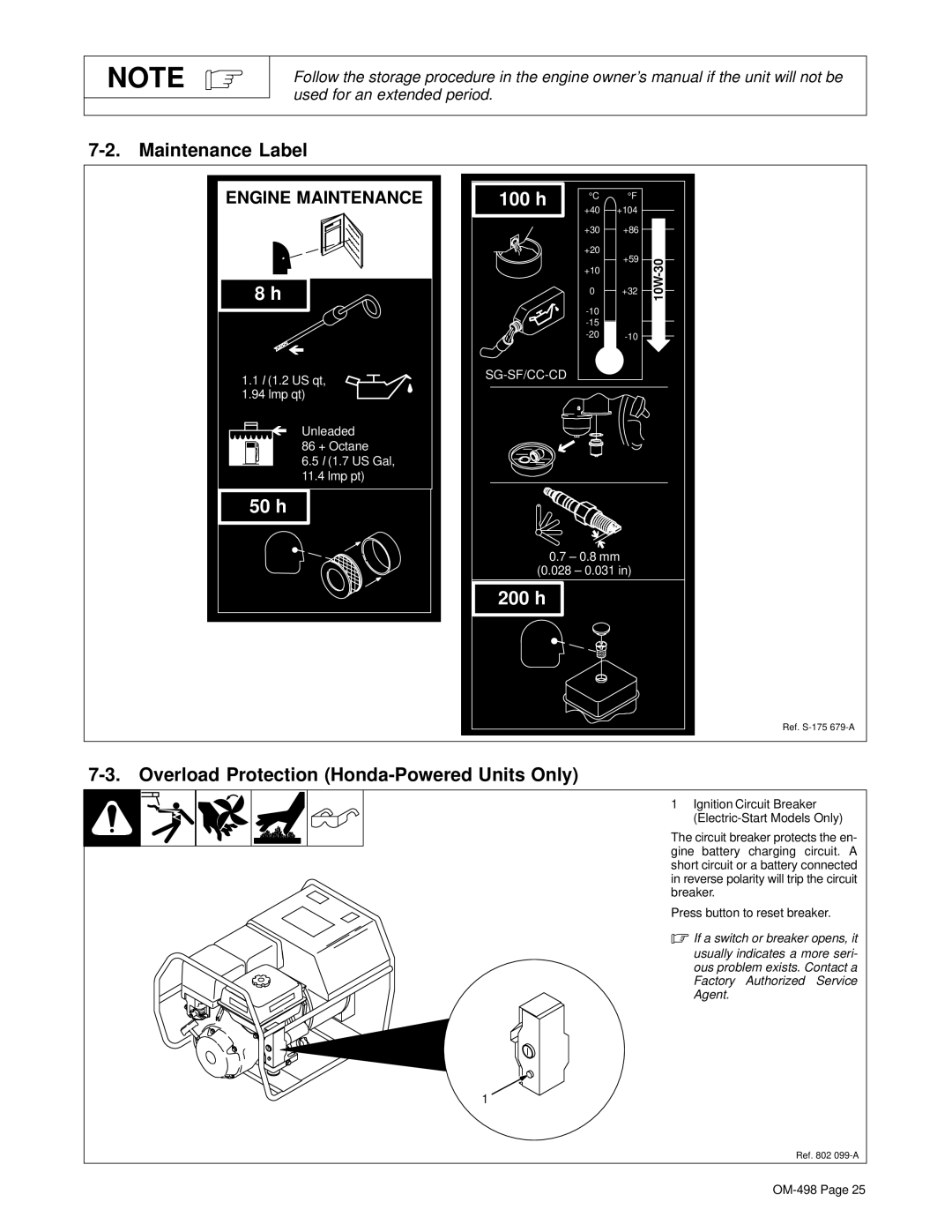 Hobart Welding Products OM-498 manual Maintenance Label, Overload Protection Honda-Powered Units Only 