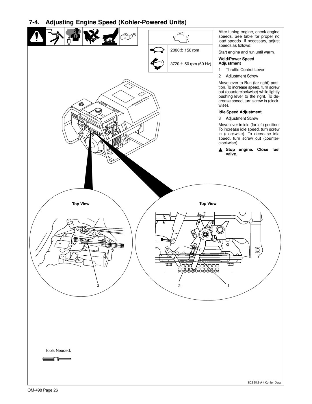 Hobart Welding Products OM-498 manual Adjusting Engine Speed Kohler-Powered Units, Weld/Power Speed Adjustment 