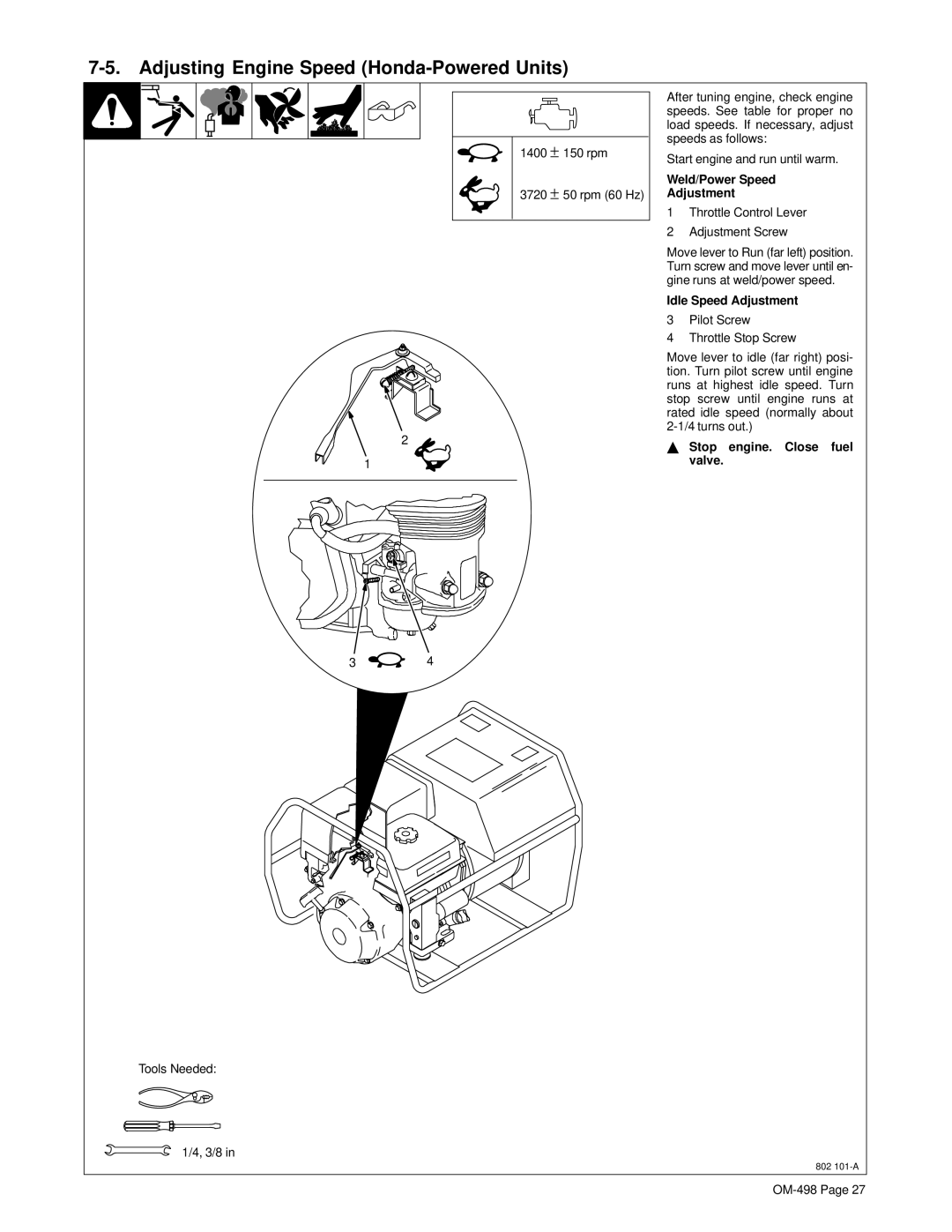 Hobart Welding Products OM-498 manual Adjusting Engine Speed Honda-Powered Units, Throttle Control Lever Adjustment Screw 